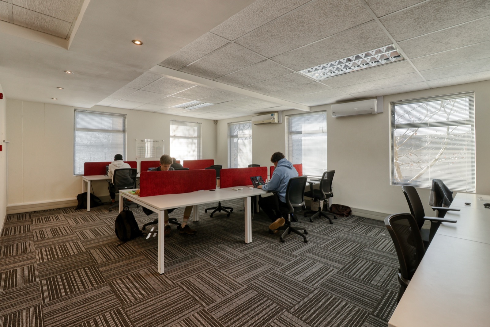 The shared room with white desks, red dividers and windows down one side